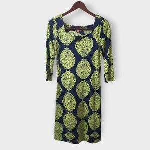 Lilly Pulitzer Silk Medallion Print Shift Dress Blue Green Size 8 3/4 Sleeve